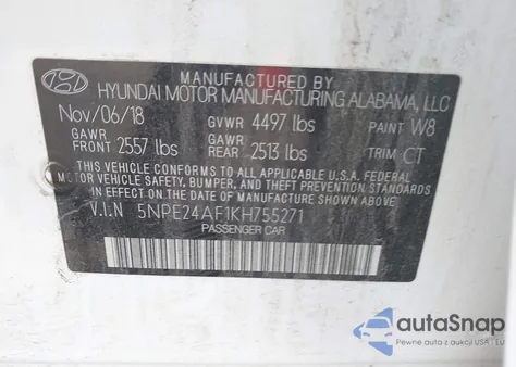 2019 Hyundai Sonata Se z USA, uszkodzony, nr VIN 5NPE24AF1KH755271